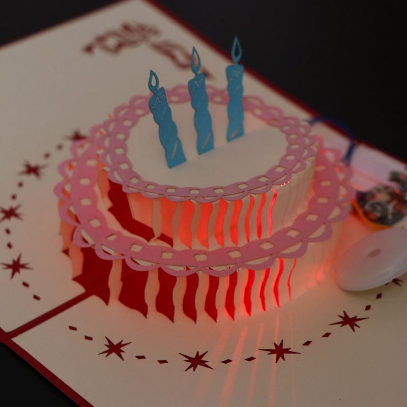 Tarjeta de felicitación Pop Up 3D tarjeta de felicitación de pastel de feliz cumpleaños música LED postal con sobre