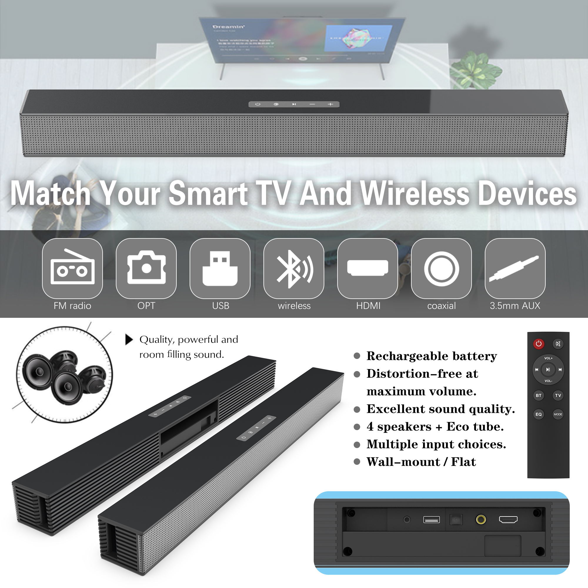Home Theater Sound System Soundbar TV Bluetooth Speaker Support Optical AUX Coaxial Sound Bar Wireless Subwoofer For TV