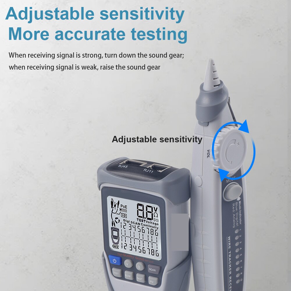 Network Cable Tester LCD Screen Display Digital Wire Trackers Continuity Battery Voltage Polarity Checking POE Test Cable Tester