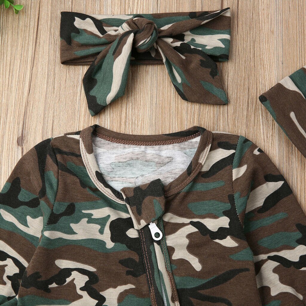 Newborn Baby Girls Boys Camouflage Romper Infant Cute Zipper Casual Jumpsuit Hairband Hat Set Toddler Long Sleeve Cotton Clothes