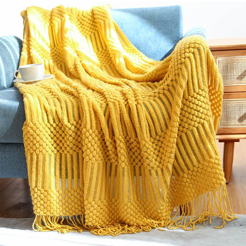 Mantas para sofá de estilo nórdico, mantas de punto para cama a cuadros en el sofá, mantas de avión de viaje informales, chal de borla para decoración del hogar: yellow / 130x220cm