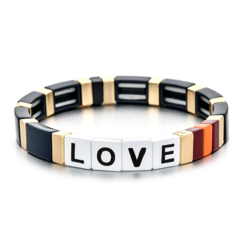 Mode Kleurrijke Regenboog Emaille Tegel Armband Vrouwen Meisjes Brief Liefde Armbanden Elasticiteit Manchet Bangles Partij Sieraden: A4