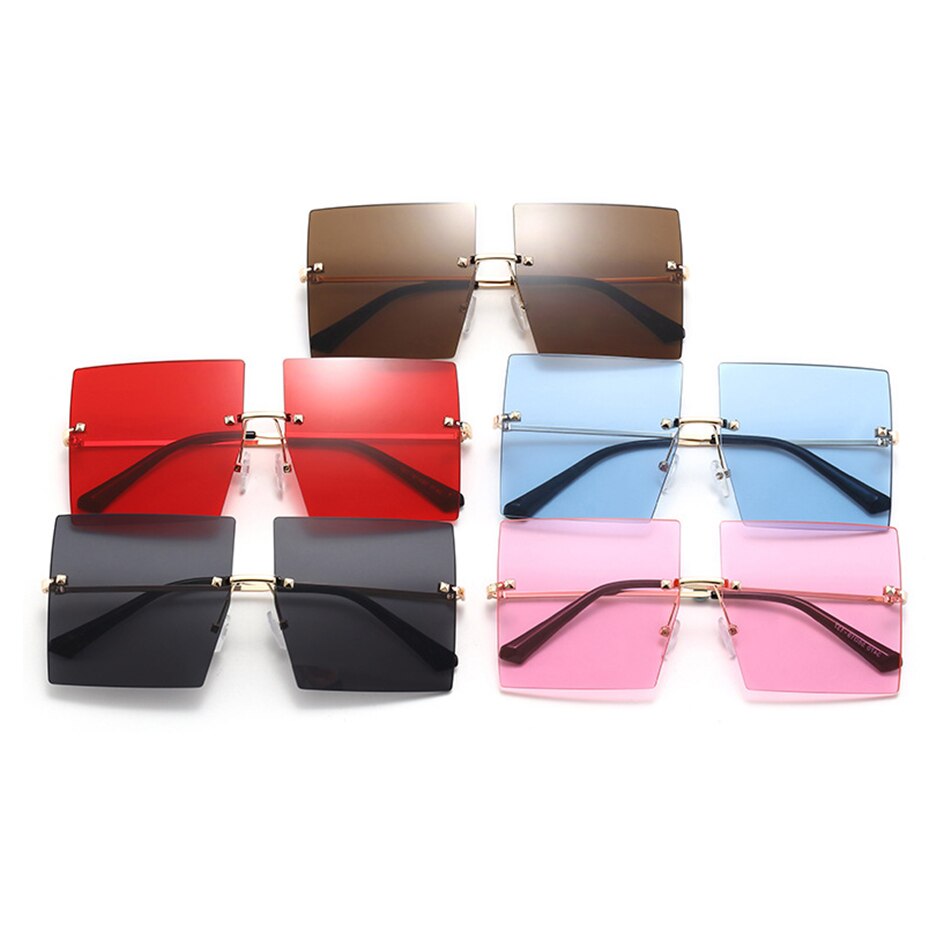 Luxe Helder Rood Roze Oversized Zonnebril Voor Vrouwen Randloze Grote Vierkante Zonnebril Getinte Kleur Shades Eyewear