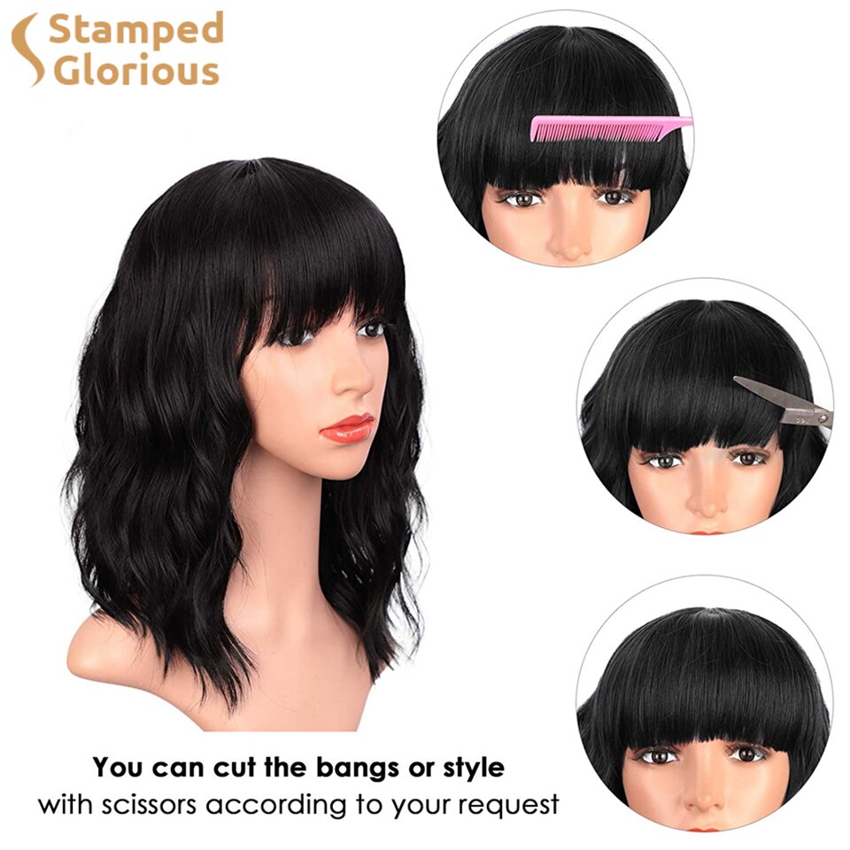 Stamped Glorious Bob Wig Black Synthetic Short Wavy Wig with Bangs Heat Resistant Fiber African American wigs for Women