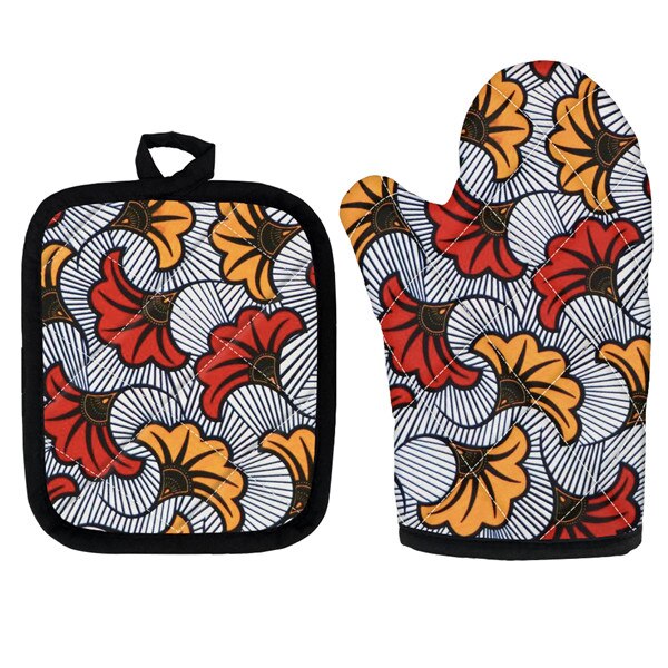 Set Van 2 Afrikaanse Etnische Tribal Bloemen Keuken Koken Magnetron Handschoenen Mitts Pot Pad Heat Proof Beschermd Thuis Bakken pads: HTAE008D19