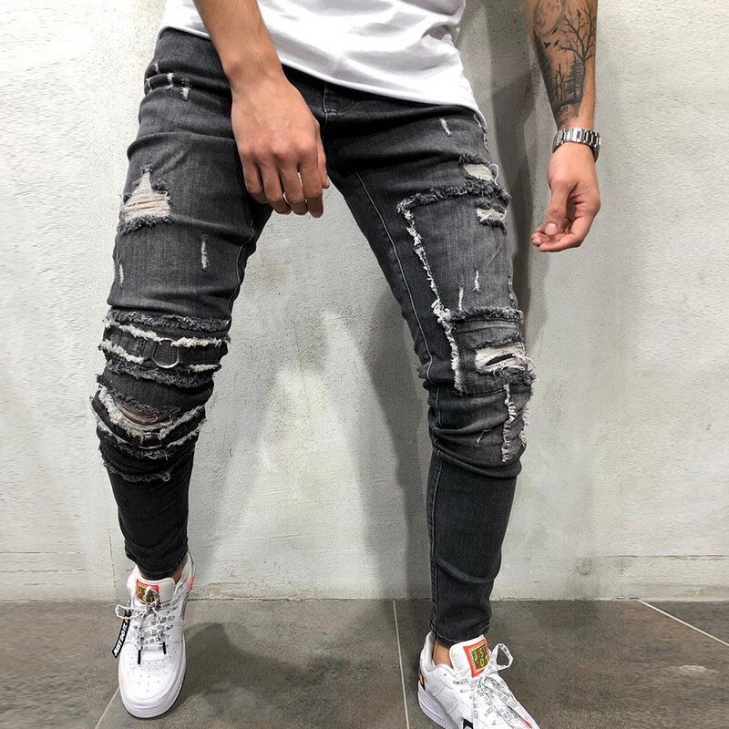 Nueva Slim Fit apretado agujero Vaqueros Hombre Vaqueros Skinny botón pantalones de pitillo vaqueros de talla grande otoño Pantalones Hombre