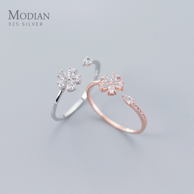Modian Echt 925 Sterling Zilver Schattige Kleine Bloem Plant Gratis Grootte Ring Voor Vrouwen Sparkling Cz Ring Bruiloft Fine Jewelry