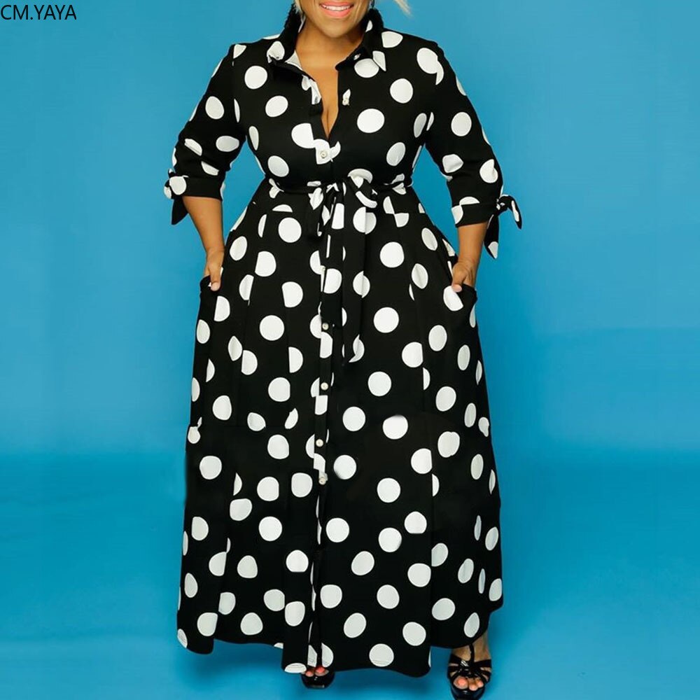 CM.YAYA-Vestido largo con estampado de lunares para mujer, ropa de calle con botones, de talla grande, XL-5XL, otoño