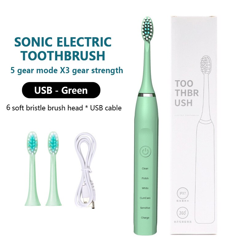 Brosse à dents ultrasonique puissante, Rechargeable par USB, pour adulte, électronique, lavable, facile à détendre,: green-1