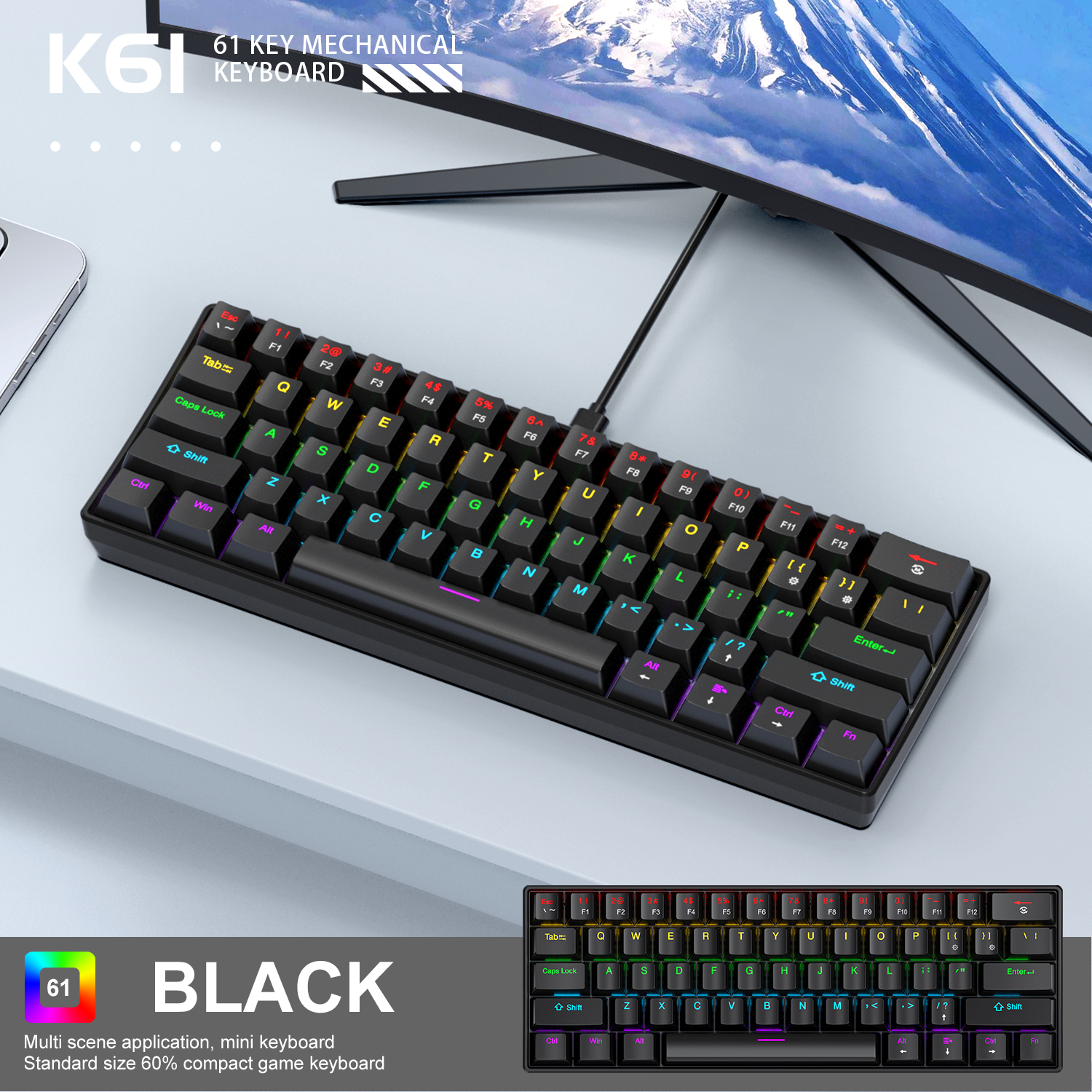 APAYADO K61 Teclado mecánico para juegos con cable al 60%, mini de 61 teclas, retroiluminado RGB, interruptor rojo/azul, portátil para PC y portátil: Negro / Interruptor rojo