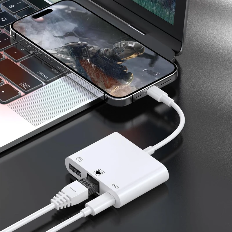 Adaptador Ethernet RJ45 con puerto de carga USB OTG, dispositivo 3 en 1 para Lightning iPhone 14, 13, 12, 11, 8, 7, 6, 5 /iPad/iPod