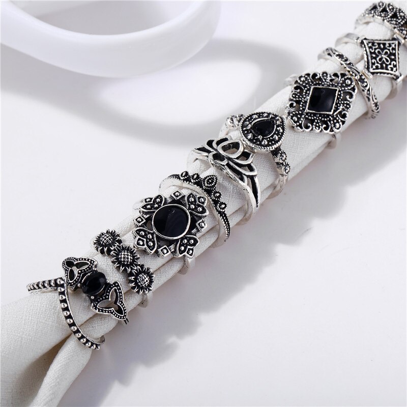 15Pc/Set Vintage Black Stone Ring Sets Antique Stone Midi Finger Rings for Women Punk Style Knuckle Rings Wedding