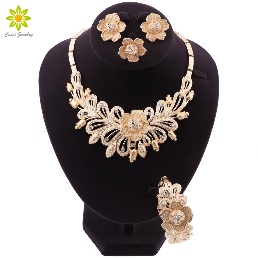 Nigeria classique ensemble de bijoux élégante mariée mariage fleur forme collier boucles d'oreilles Bracelet anneau ensemble pour Dubai femmes bijoux