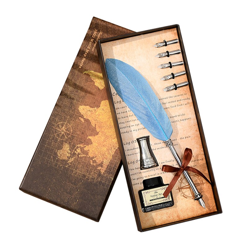 Luxury Fountain Pen Set Colorful Vintage Feather Pen Classic Calligraphy Ink Pens Dip Quill for Student Writing Pen Box set: 16