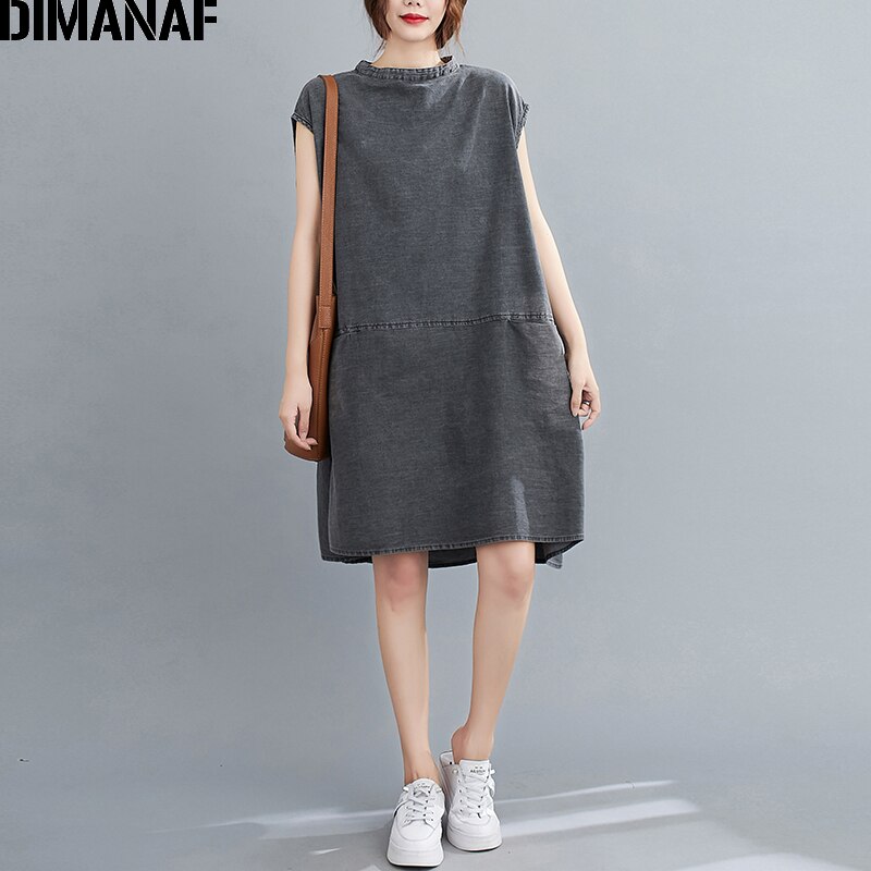 Dimanaf plus size dam klänning vintage tjocka jeans stor storlek vestidos lös dam klänning ärmlös knälång ficka