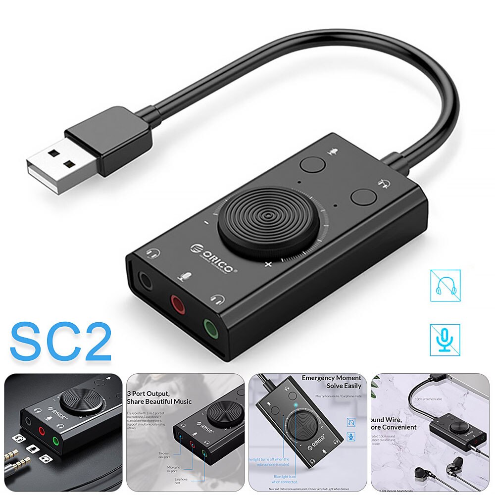 Willkey Portable USB External Sound Card Microphone Earphone 2 In 1 With 3 Port Output Volume Adjustable For Windows Mac Linux: Default Title