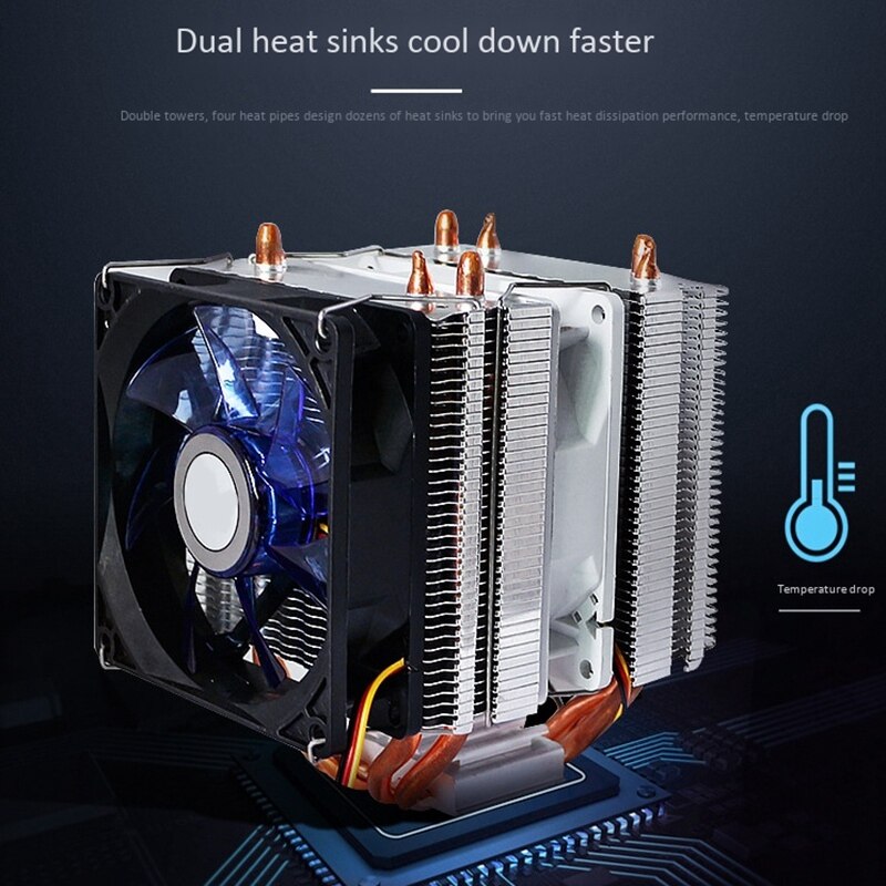 Radiateur tour Trois Ventilateurs 9CM Silencieux LED Lumineux Ventilateur De Refroidissement D'ordinateur Double Tour Trois Ventilateurs Caloduc CPU Radiateur