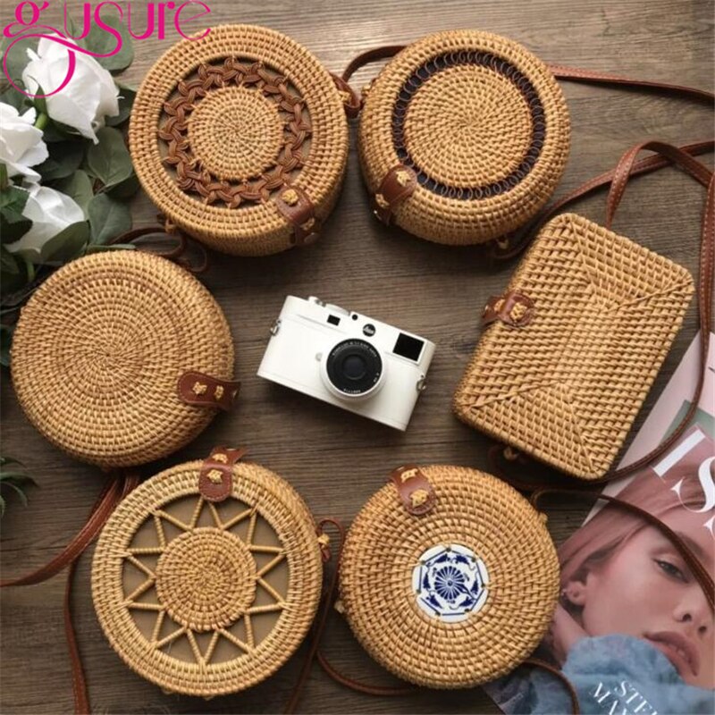 Gusure Vintage Handmade Crossbody Women Bag Round Beach Circle Rattan Bag Small Shoulder Bags Bohemian Handbags Travel Styles