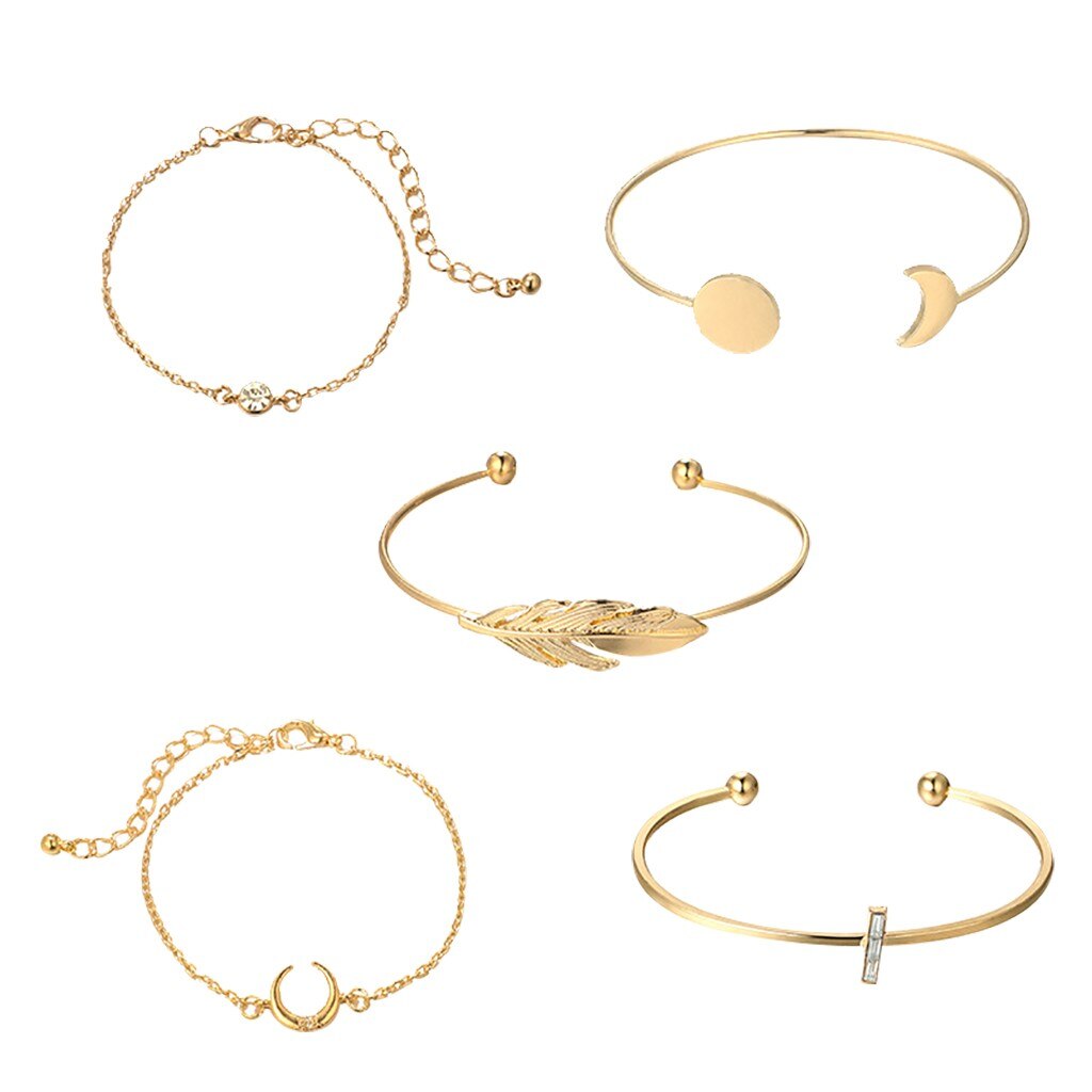 Moda temperamento feminino lua pena liga pulseira 5 peças conjunto senhoras requintado roupas jóias presente do dia dos namorados