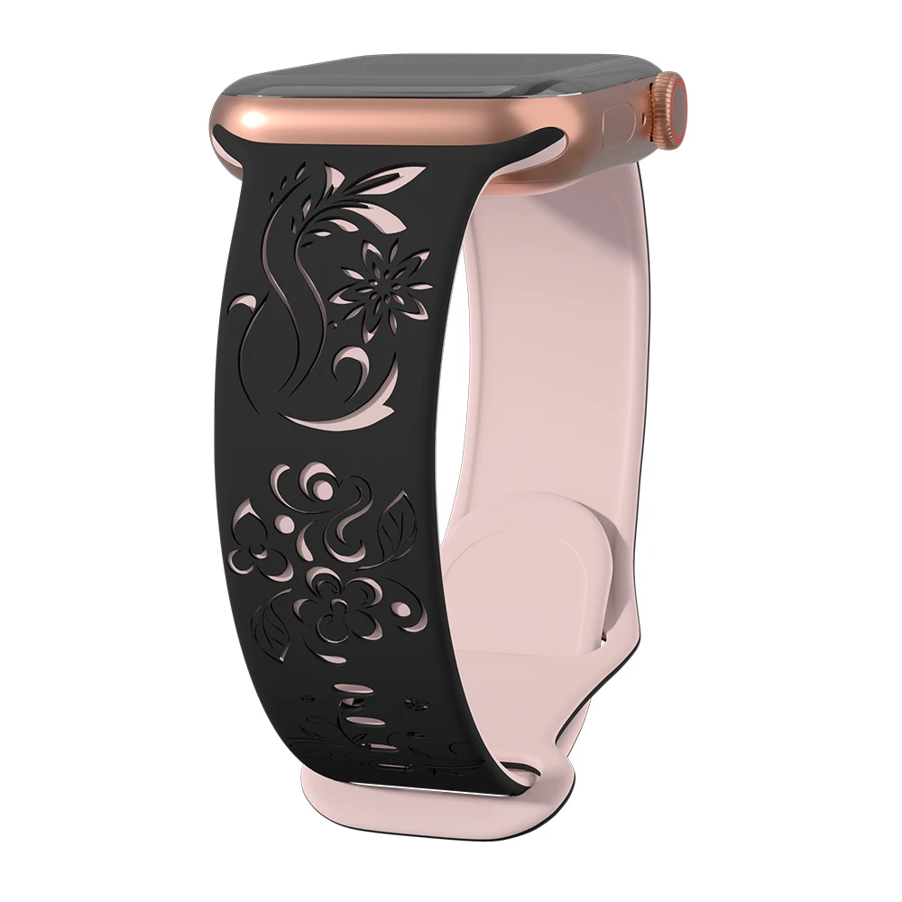 Silicone Floral Engraved Strap For Apple Watch 38/42/46mm 41/44/45mm 49mm Sport Bracelet For iWatch Series 10/9/8/7/6/Ultra Band: GREEN BLUE / 12mm