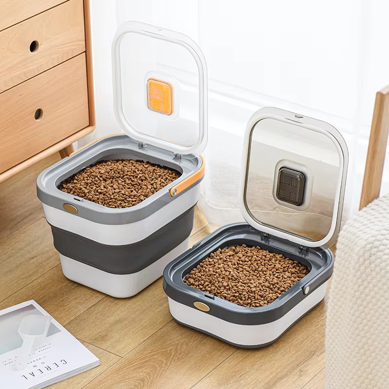 Caja de arroz de gran capacidad de 13L, cubo de almacenamiento de alimentos para mascotas a prueba de humedad, contenedor de almacenamiento de aperitivos de animales sellado plegable para perros y gatos M