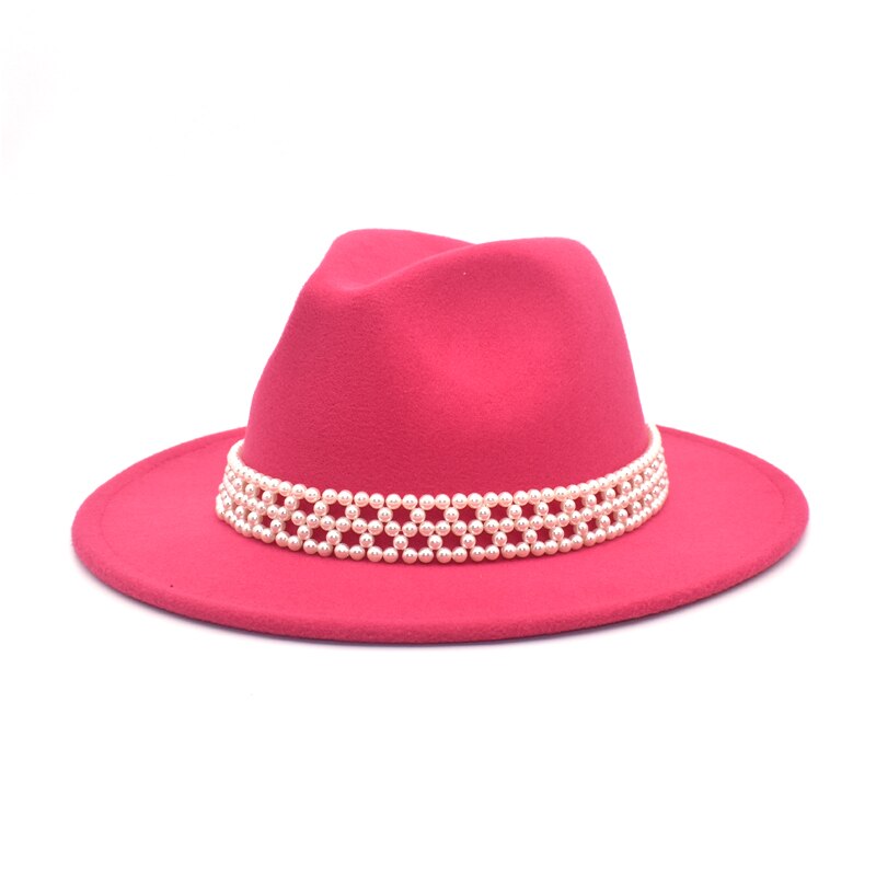 FUODRAO Women Wide Brim Wool Felt Fedora Panama Hat Jazz Trilby Hat Party Cowboy Hat Women Red F86: rose red