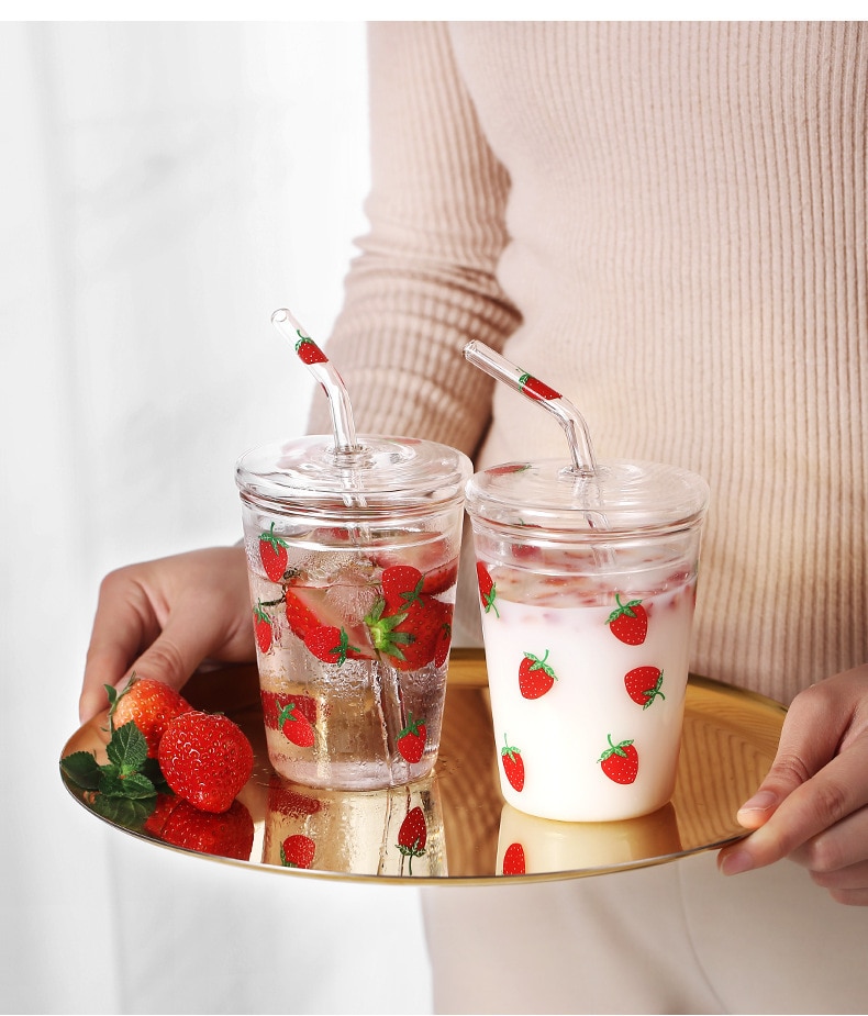 Gourde en verre, fraise avec couvercle en paille verre, tasse à lait, jus de thé, bouteille de thé, bouteille de paille en verre, Wy1123011