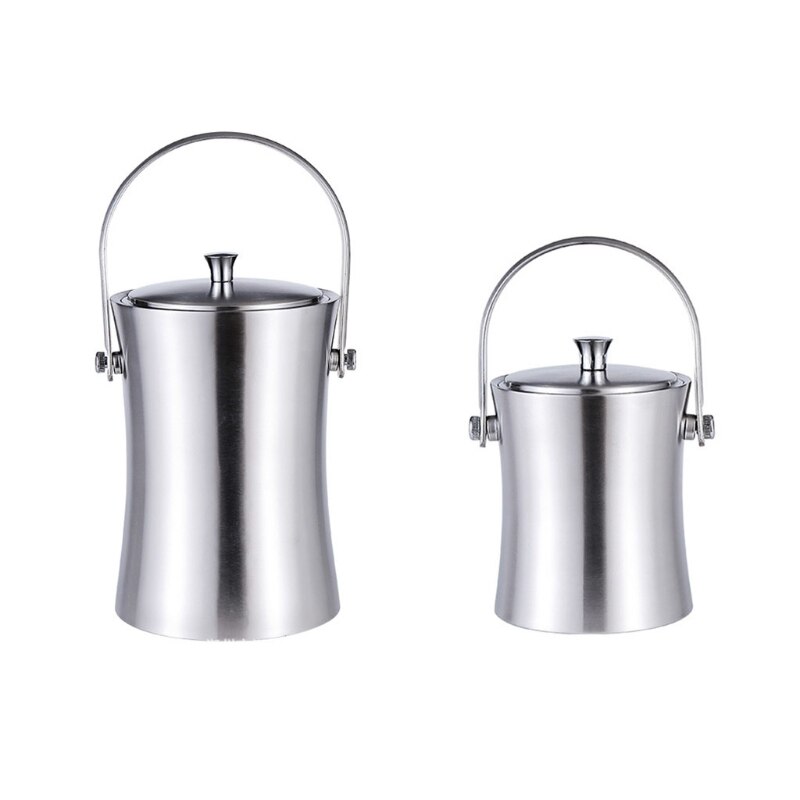 896A Stainless Steel Ice Cube Container with Lid and Tongs Champagne Cooler Ice Bucket Silver Matt Double-Walled Insulated Ice