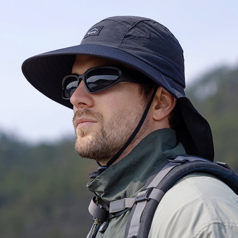 Sonnenhut mit breiter Krempe und Nackenklappe, UV-Sonnenschutz, Hofarbeit, Safari, Wanderhut für Herren, Outdoor-Abenteuer, Angeln, Eimerhut: Black