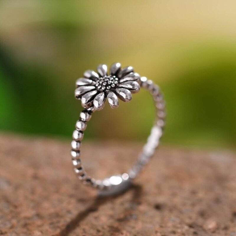 Retro Sunflower 925 Sterling Silver Literary Flower Sweet Temperament Personality Female Resizable Opening Rings SRI074