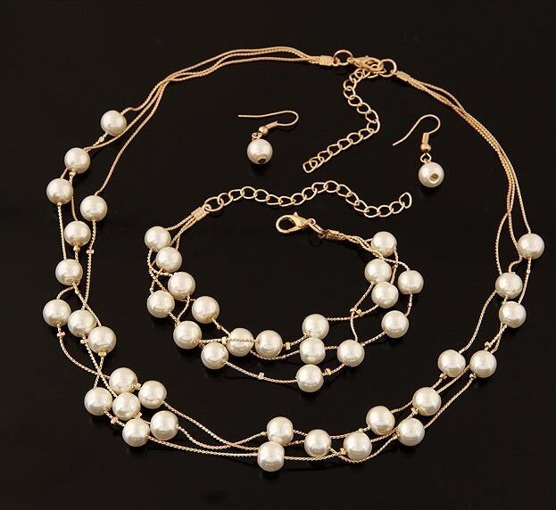 Gesimuleerde Parel Sieraden Set Voor Vrouwen Kralen Statement Ketting Oorbellen En Armband Set Party Bruiloft Sieraden