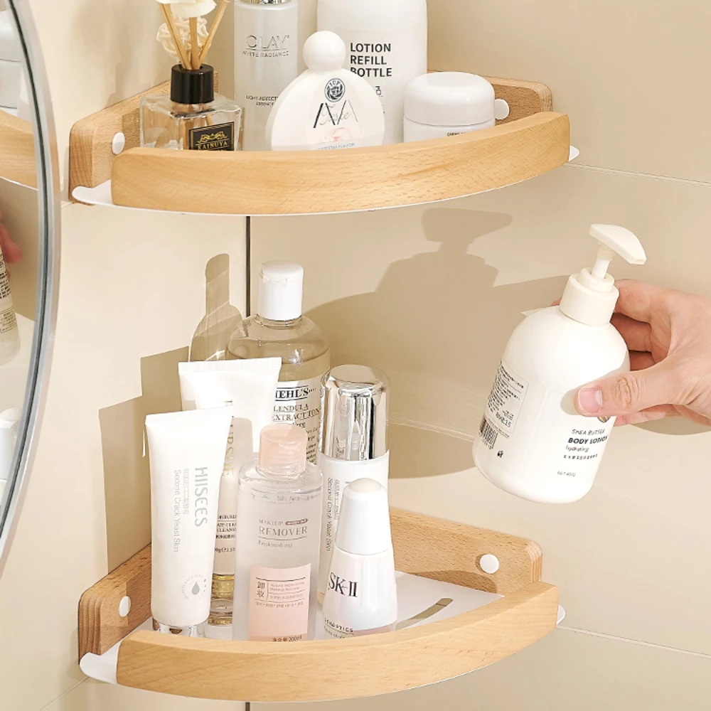 Oppbevaring av dusjhjørne, oppbevaringshyller til bad, hjørnestativ til bad på vegg, baderomshylle uten boring, husholdningsartikler