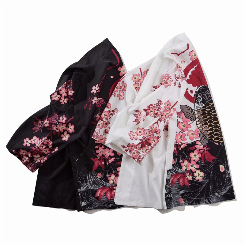 Japanse Kimono Shirts Koi Vis Gedrukt Harajuku Hip Hop Mannen Japan Stijl Streetwear Shirts Zomer Dunne Kleding Losse Kimono