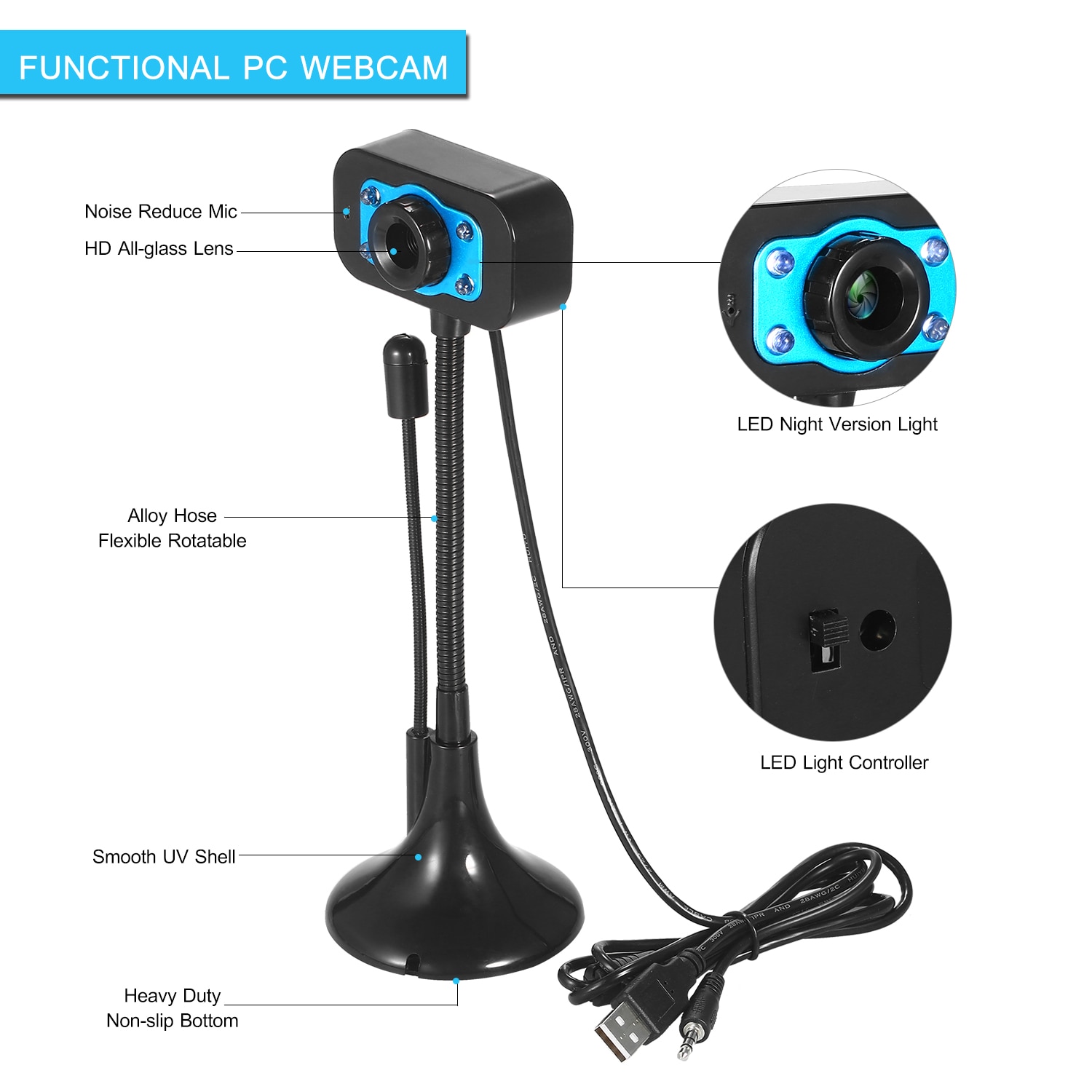HD Webcam USB Desktop Laptop Camera Video Calling Computer Camera with Mic Night Version LED Light Flexible Rotatable stander