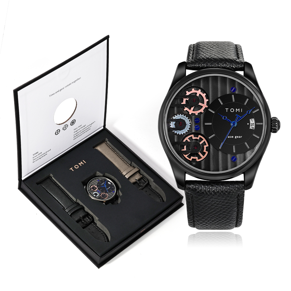 TOMI Heren Geschenkdoos Combinatieset Horloge Luxe en Eenvoudig Zakelijk Afneembare band Quartz Horloge Herenhorloge Festival Cadeau: Black