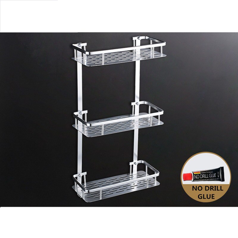 Badrumsvägg fyrkantiga hyllor aluminium korg hylla rack ett två lager dusch caddy köksställ etagere väggmålning banheiro: Trippelnivå
