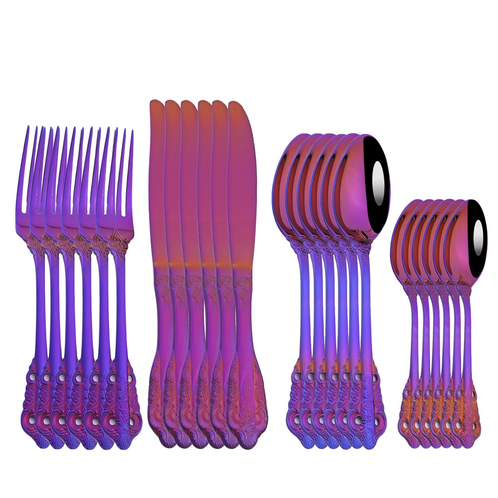 24Pcs Blue Cutlery Set Knives Fork Tea Spoon Dinner Tableware 304 Stainless Steel Dinnerware Set Kitchen Flatware Silverware: Purple 24pcs