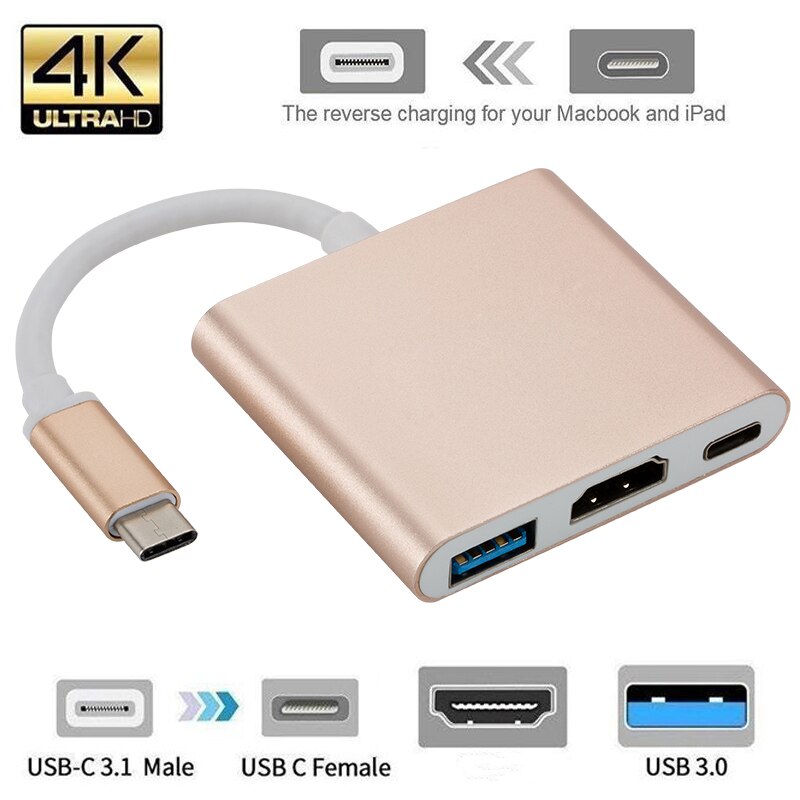 Estación de acoplamiento Usb C Typec a 4K HDMI compatible con USB3.0 muelle con la policía de carga para MacBook Usb Multi adaptador concentrador Thunderbolt: golden 3 in 1