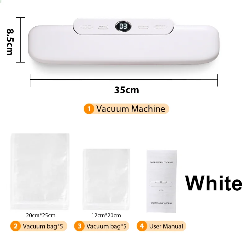 Vakuumierer, Verpackungsmaschine, Lebensmittel-Vakuumierer mit kostenlosen 10 Vakuumbeuteln, Vakuum-Lebensmittelversiegelung für Höhle Haushalt: Weiß / 220V