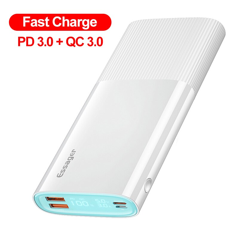 Essager-power bank 20000 mah usb tipo c, pd, qc 3.0, bateria portátil externa para xiaomi 20000 mah: PD QC 3.0 White