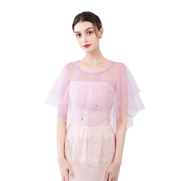 Zomer rode blauwe tule bruidsomslagdoeken sjaal dames avond cape bolero strass bruidsjurk bruiloft feest jassen omslagdoek: Lichtpaars