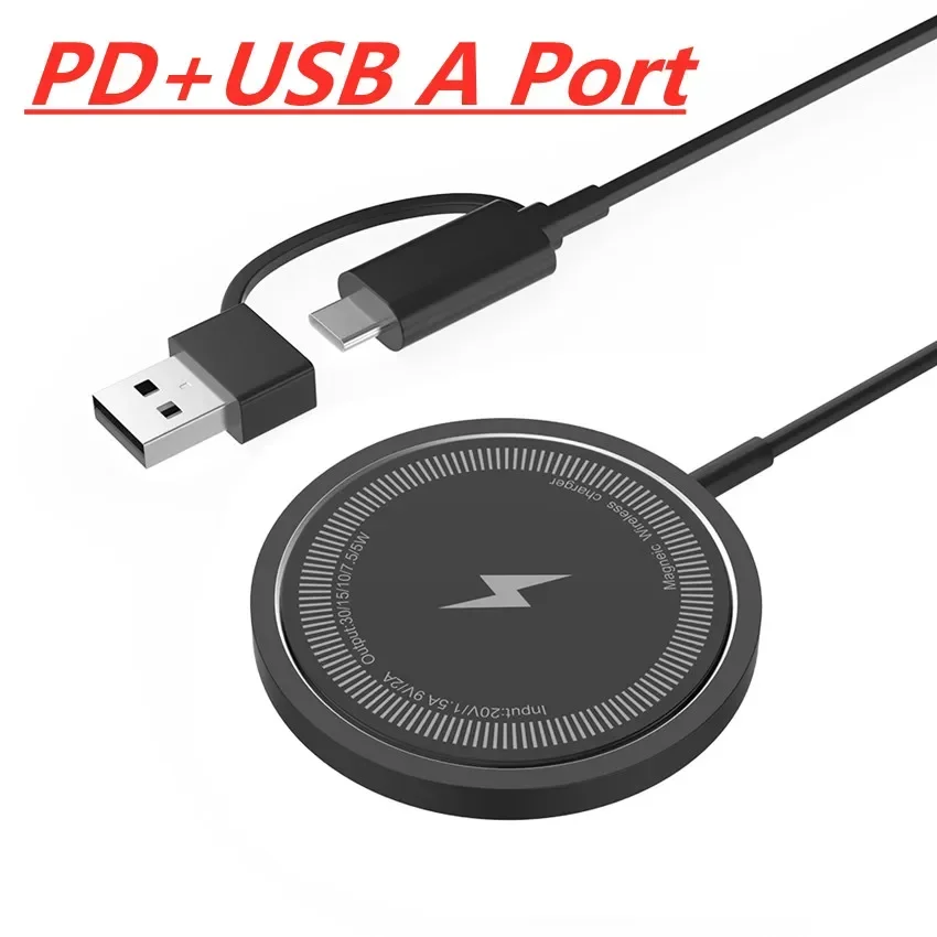 Cargador inalámbrico magnético para iPhone, base de carga rápida, 30W, 15, 14, 13, 12, 11 Pro Max, Airpods PD y USB A: Plata