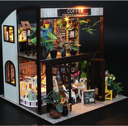 Arkitektonisk træhus med møbler hus legetøj miniature kaffebutik diy miniature landskab: Intet støvdæksel