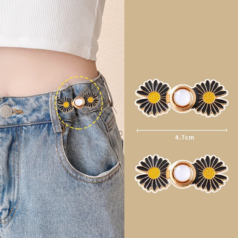 Broches para pantalones con flores de Margarita, alfileres con hebilla, Clip para apretar la cintura, botón desmontable ajustable para pantalones vaqueros, 2 uds.: PLATEADO