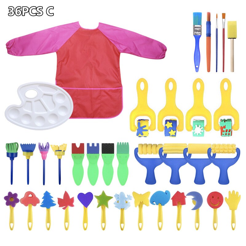 DIY Children Painting Foam Sponge Brush Apron Moulds Tools Kit Kids Early Art Education Learning Drawing Graffito Tools: 36pcs toys gift C