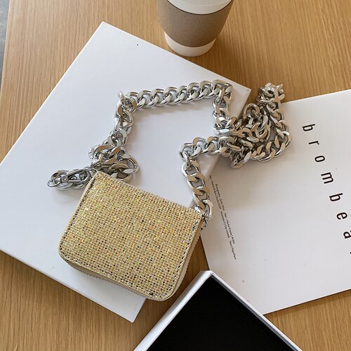 DKQWAIT Shoulder Bag - Small Square Flap Bag - PU Leather - Zipper Closure - Party & Evening: Gold