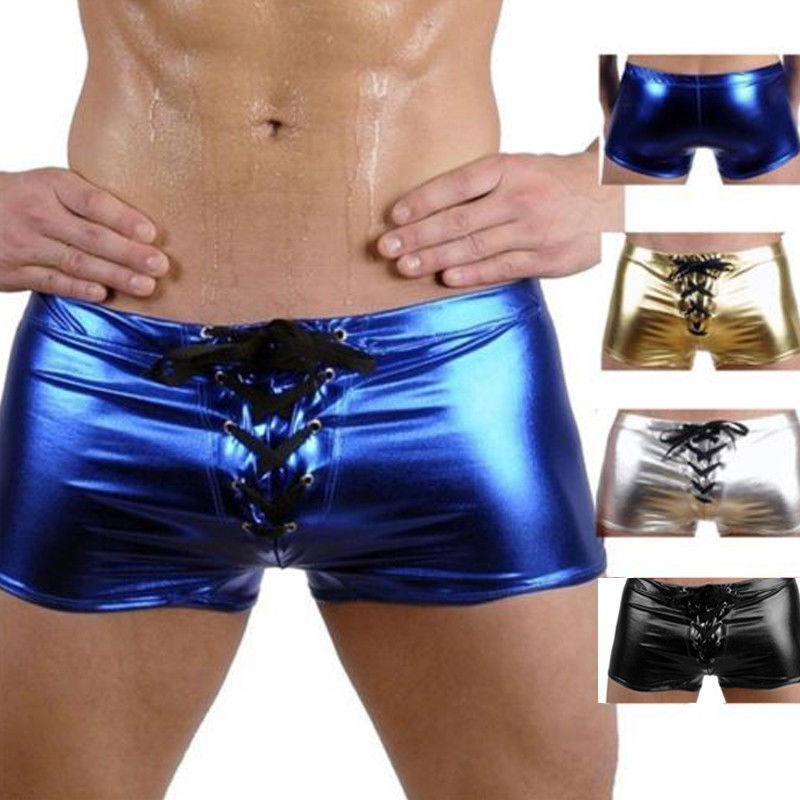 Hombres Sexy básicos brillante cuero de imitación de lujo boxeadores impermeable ropa interior de efecto mojado de latex corta bien vendaje ropa interior