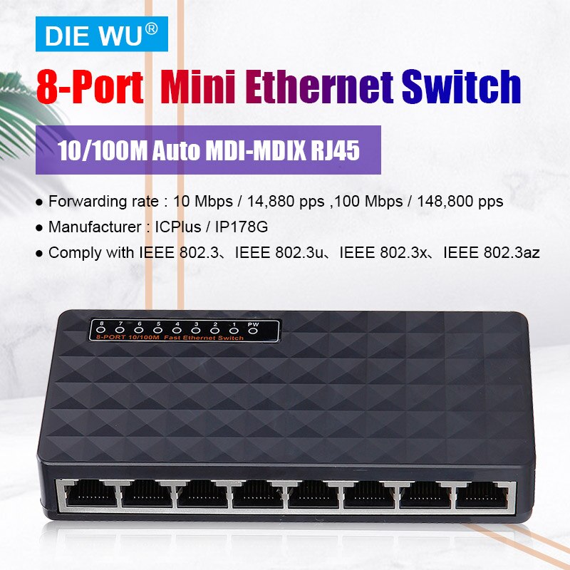 TEX113 8 Port Unmanaged 10/100M Fast Ethernet Switch,Desktop Ethernet Splitter,Ethernet Hub, verkeer Optimalisatie, Compact