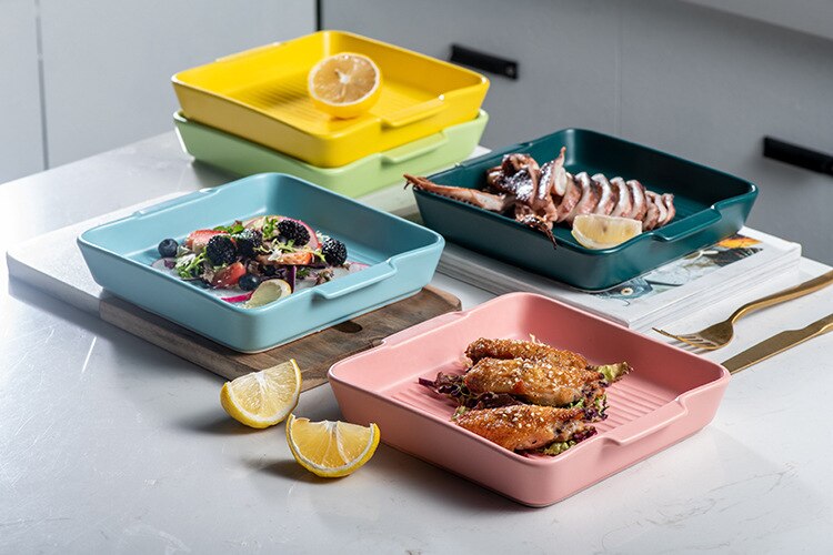 Hotel Home Kitchen Square Ceramic Dinner Plate Fruit Salad Binaural Square Plate Pasta Snack Square Plate