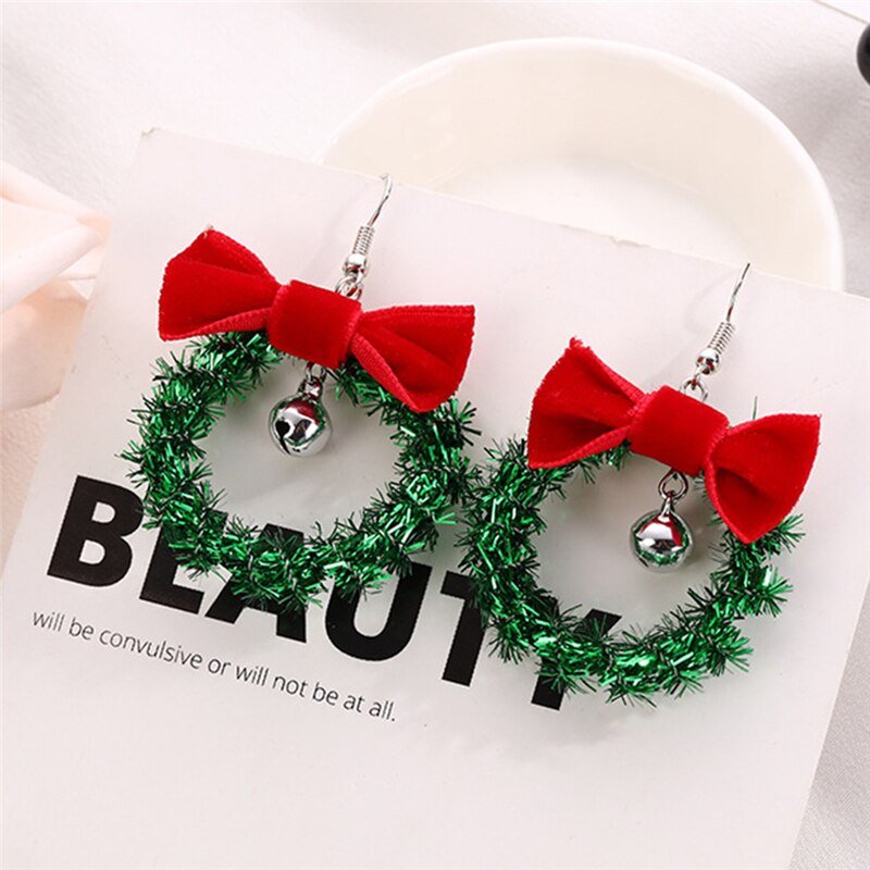 Christmas Wreath Dangle Earrings Jingle Bell Red Bow Women Christmas Earrings Year For Women